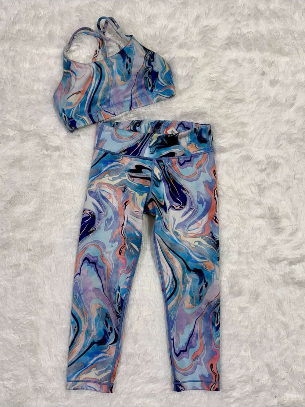 Athleta Girl Sz 8-10 Marble Swirl Active Set Crop Sports Bra & Capri Legginga
